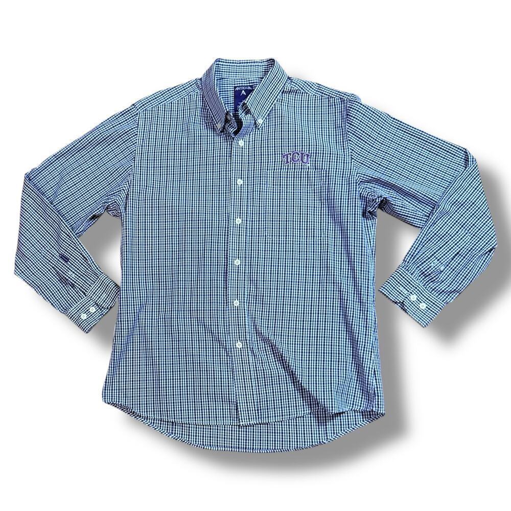 Antigua TCU Button Down Shirt Mens Purple White Plaid Embroidered Sz L